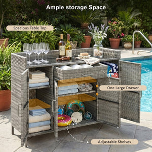 English Elm K&k Outdoor PE Rattan Bar Cabinet with Tempered Glass Top and Adjustable Storage Shelves Grey N707P414781G