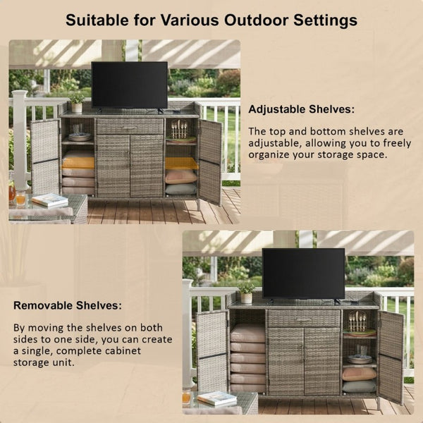 English Elm K&k Outdoor PE Rattan Bar Cabinet with Tempered Glass Top and Adjustable Storage Shelves Grey N707P414781G