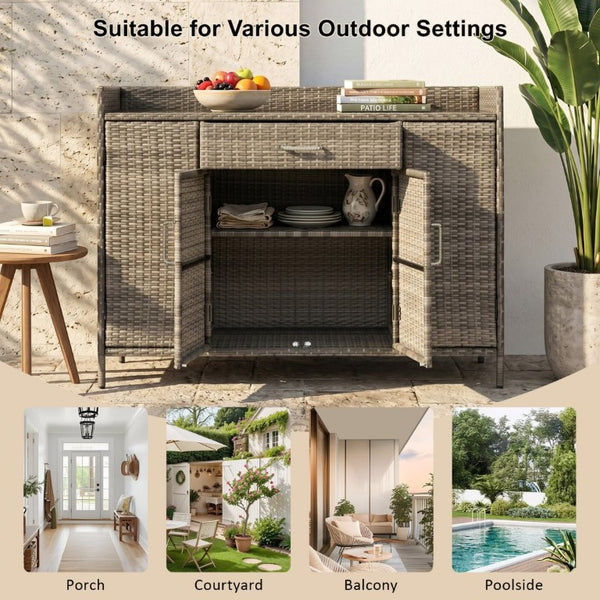 English Elm K&k Outdoor PE Rattan Bar Cabinet with Tempered Glass Top and Adjustable Storage Shelves Grey N707P414781G