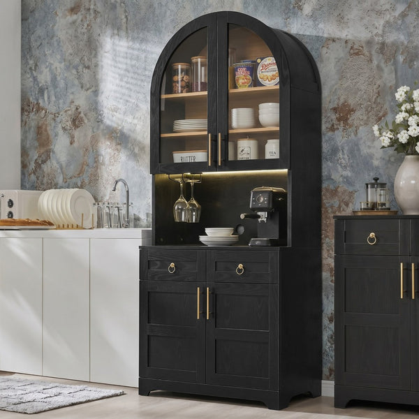 English Elm K&k Farmhouse Pantry Cabinet Tall Arched Storage Hutch with LED Lighting and Charging Black N707P476024B
