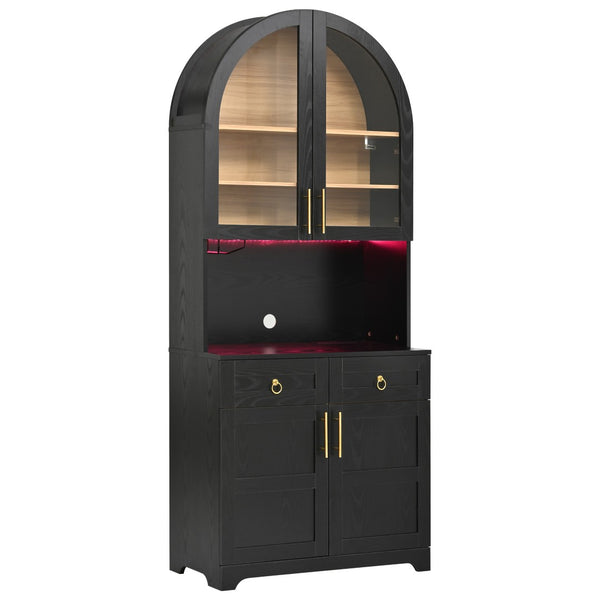 English Elm K&k Farmhouse Pantry Cabinet Tall Arched Storage Hutch with LED Lighting and Charging Black N707P476024B