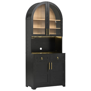 English Elm K&k Farmhouse Pantry Cabinet Tall Arched Storage Hutch with LED Lighting and Charging Black N707P476024B