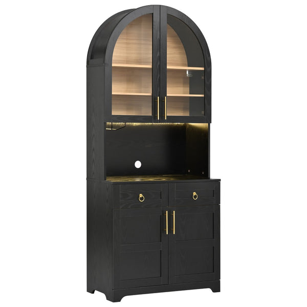 English Elm K&k Farmhouse Pantry Cabinet Tall Arched Storage Hutch with LED Lighting and Charging Black N707P476024B