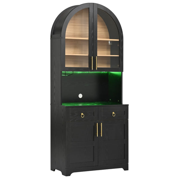 English Elm K&k Farmhouse Pantry Cabinet Tall Arched Storage Hutch with LED Lighting and Charging Black N707P476024B
