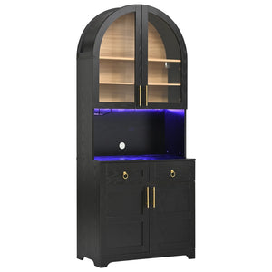 English Elm K&k Farmhouse Pantry Cabinet Tall Arched Storage Hutch with LED Lighting and Charging Black N707P476024B