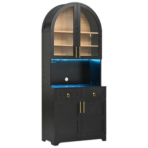 English Elm K&k Farmhouse Pantry Cabinet Tall Arched Storage Hutch with LED Lighting and Charging Black N707P476024B
