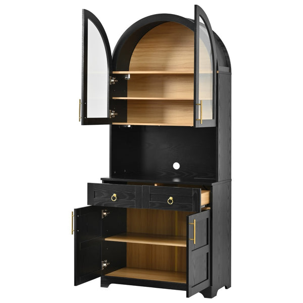 English Elm K&k Farmhouse Pantry Cabinet Tall Arched Storage Hutch with LED Lighting and Charging Black N707P476024B