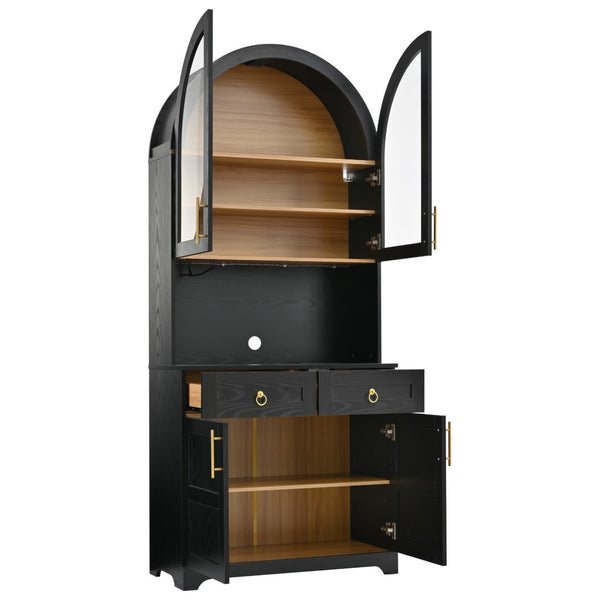 English Elm K&k Farmhouse Pantry Cabinet Tall Arched Storage Hutch with LED Lighting and Charging Black N707P476024B