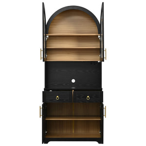 English Elm K&k Farmhouse Pantry Cabinet Tall Arched Storage Hutch with LED Lighting and Charging Black N707P476024B