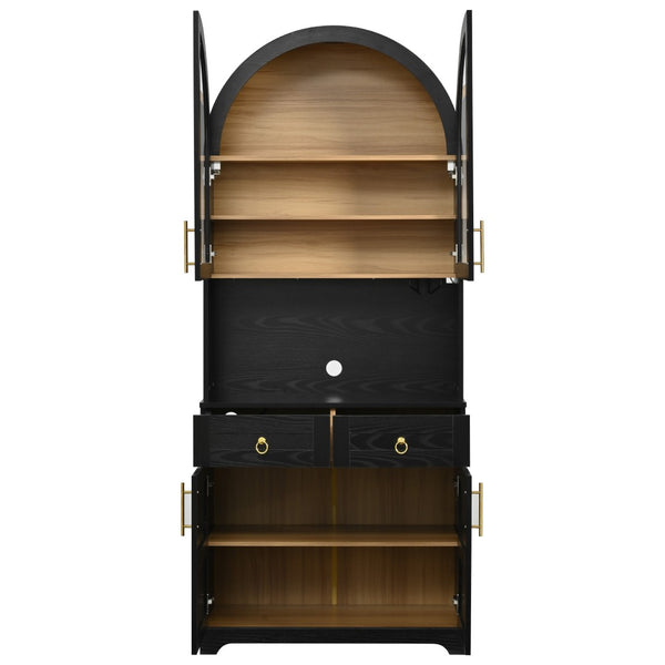 English Elm K&k Farmhouse Pantry Cabinet Tall Arched Storage Hutch with LED Lighting and Charging Black N707P476024B
