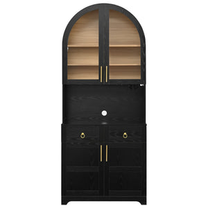 English Elm K&k Farmhouse Pantry Cabinet Tall Arched Storage Hutch with LED Lighting and Charging Black N707P476024B