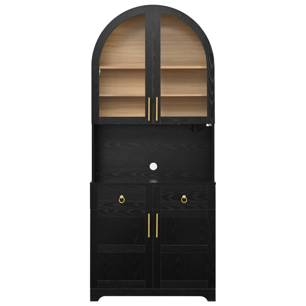 English Elm K&k Farmhouse Pantry Cabinet Tall Arched Storage Hutch with LED Lighting and Charging Black N707P476024B