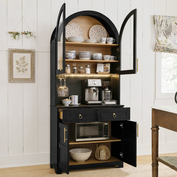 English Elm K&k Farmhouse Pantry Cabinet Tall Arched Storage Hutch with LED Lighting and Charging Black N707P476024B