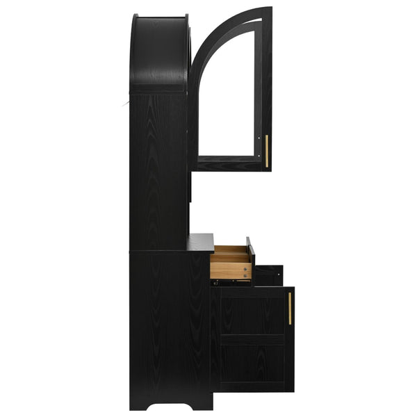English Elm K&k Farmhouse Pantry Cabinet Tall Arched Storage Hutch with LED Lighting and Charging Black N707P476024B