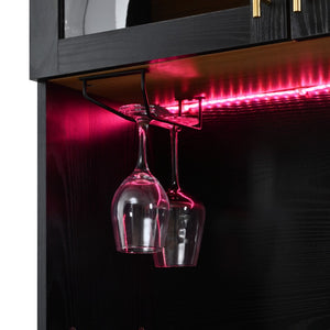 English Elm K&k Farmhouse Pantry Cabinet Tall Arched Storage Hutch with LED Lighting and Charging Black N707P476024B