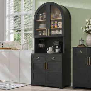 English Elm K&k Farmhouse Pantry Cabinet Tall Arched Storage Hutch with LED Lighting and Charging Black N707P476024B