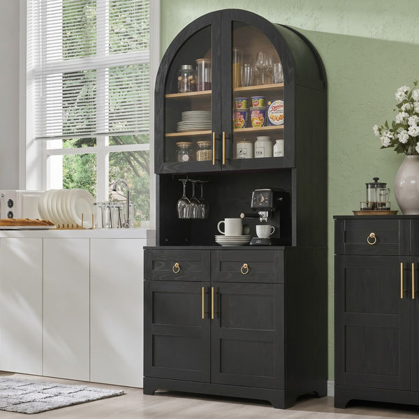 English Elm K&k Farmhouse Pantry Cabinet Tall Arched Storage Hutch with LED Lighting and Charging Black N707P476024B