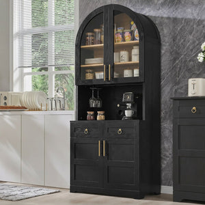 English Elm K&k Farmhouse Pantry Cabinet Tall Arched Storage Hutch with LED Lighting and Charging Black N707P476024B