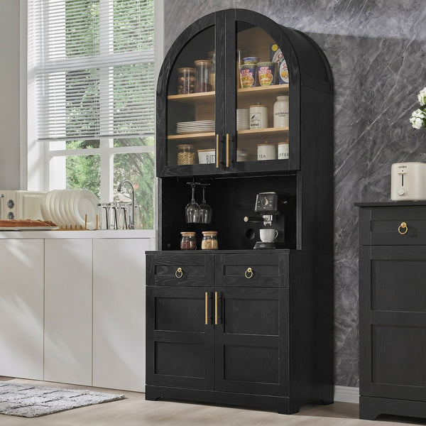 English Elm K&k Farmhouse Pantry Cabinet Tall Arched Storage Hutch with LED Lighting and Charging Black N707P476024B