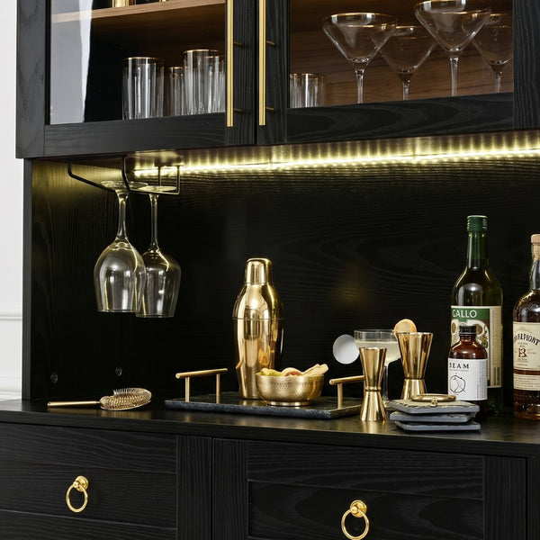 English Elm K&k Farmhouse Pantry Cabinet Tall Arched Storage Hutch with LED Lighting and Charging Black N707P476024B