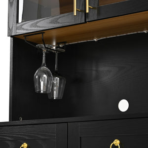 English Elm K&k Farmhouse Pantry Cabinet Tall Arched Storage Hutch with LED Lighting and Charging Black N707P476024B