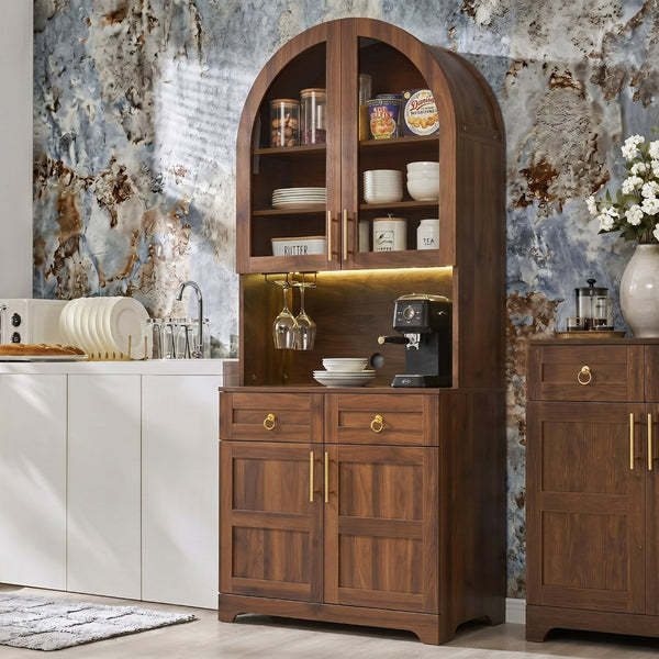English Elm K&k Farmhouse Pantry Cabinet Tall Arched Storage Hutch with LED Lighting and Charging Walnut N707P476024Z