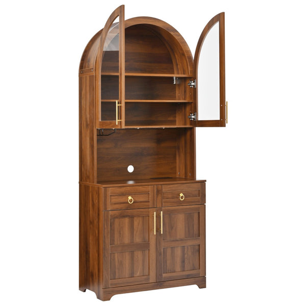 English Elm K&k Farmhouse Pantry Cabinet Tall Arched Storage Hutch with LED Lighting and Charging Walnut N707P476024Z