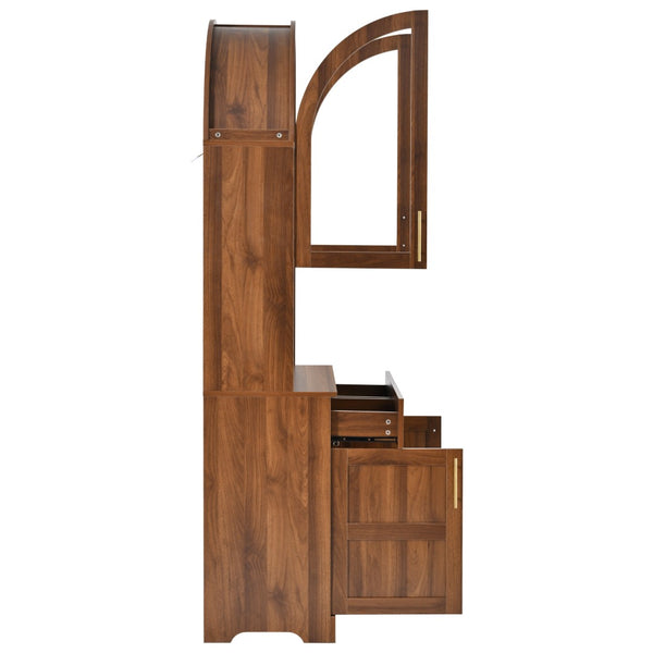 English Elm K&k Farmhouse Pantry Cabinet Tall Arched Storage Hutch with LED Lighting and Charging Walnut N707P476024Z