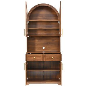 English Elm K&k Farmhouse Pantry Cabinet Tall Arched Storage Hutch with LED Lighting and Charging Walnut N707P476024Z