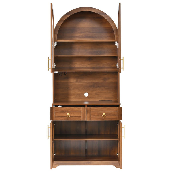 English Elm K&k Farmhouse Pantry Cabinet Tall Arched Storage Hutch with LED Lighting and Charging Walnut N707P476024Z