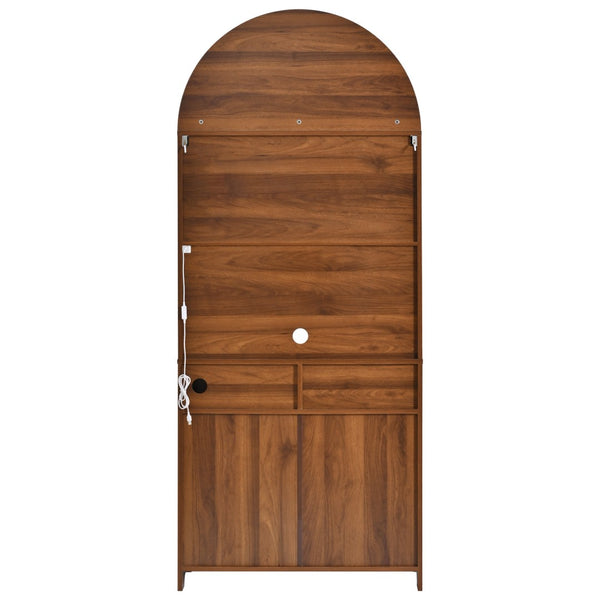 English Elm K&k Farmhouse Pantry Cabinet Tall Arched Storage Hutch with LED Lighting and Charging Walnut N707P476024Z