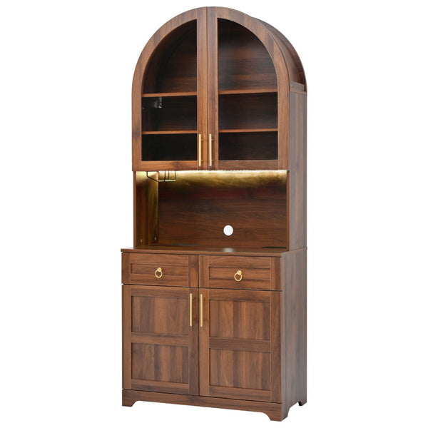 English Elm K&k Farmhouse Pantry Cabinet Tall Arched Storage Hutch with LED Lighting and Charging Walnut N707P476024Z