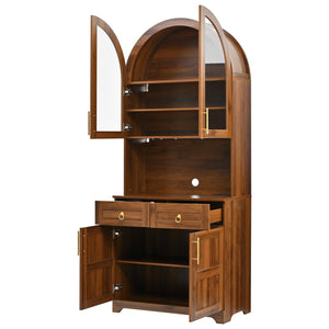 English Elm K&k Farmhouse Pantry Cabinet Tall Arched Storage Hutch with LED Lighting and Charging Walnut N707P476024Z