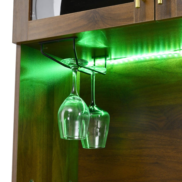 English Elm K&k Farmhouse Pantry Cabinet Tall Arched Storage Hutch with LED Lighting and Charging Walnut N707P476024Z