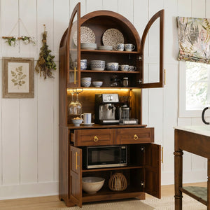 English Elm K&k Farmhouse Pantry Cabinet Tall Arched Storage Hutch with LED Lighting and Charging Walnut N707P476024Z
