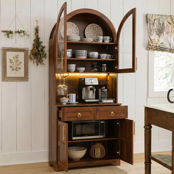 English Elm K&k Farmhouse Pantry Cabinet Tall Arched Storage Hutch with LED Lighting and Charging Walnut N707P476024Z