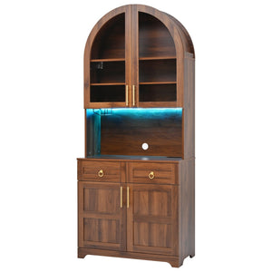 English Elm K&k Farmhouse Pantry Cabinet Tall Arched Storage Hutch with LED Lighting and Charging Walnut N707P476024Z