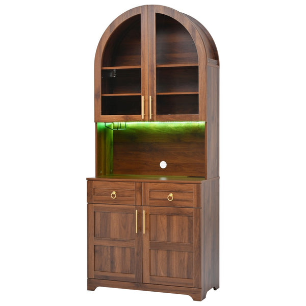 English Elm K&k Farmhouse Pantry Cabinet Tall Arched Storage Hutch with LED Lighting and Charging Walnut N707P476024Z