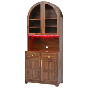 English Elm K&k Farmhouse Pantry Cabinet Tall Arched Storage Hutch with LED Lighting and Charging Walnut N707P476024Z