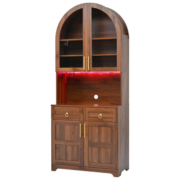 English Elm K&k Farmhouse Pantry Cabinet Tall Arched Storage Hutch with LED Lighting and Charging Walnut N707P476024Z