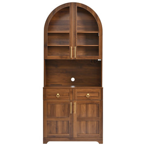English Elm K&k Farmhouse Pantry Cabinet Tall Arched Storage Hutch with LED Lighting and Charging Walnut N707P476024Z