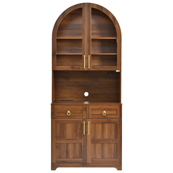 English Elm K&k Farmhouse Pantry Cabinet Tall Arched Storage Hutch with LED Lighting and Charging Walnut N707P476024Z