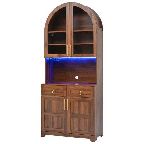 English Elm K&k Farmhouse Pantry Cabinet Tall Arched Storage Hutch with LED Lighting and Charging Walnut N707P476024Z