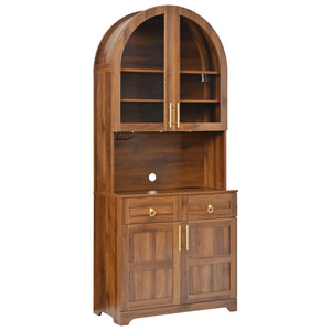 English Elm K&k Farmhouse Pantry Cabinet Tall Arched Storage Hutch with LED Lighting and Charging Walnut N707P476024Z