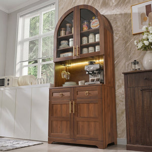 English Elm K&k Farmhouse Pantry Cabinet Tall Arched Storage Hutch with LED Lighting and Charging Walnut N707P476024Z