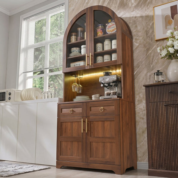 English Elm K&k Farmhouse Pantry Cabinet Tall Arched Storage Hutch with LED Lighting and Charging Walnut N707P476024Z