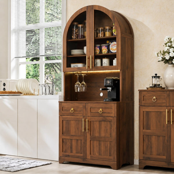 English Elm K&k Farmhouse Pantry Cabinet Tall Arched Storage Hutch with LED Lighting and Charging Walnut N707P476024Z