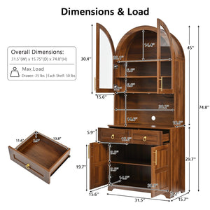 English Elm K&k Farmhouse Pantry Cabinet Tall Arched Storage Hutch with LED Lighting and Charging Walnut N707P476024Z