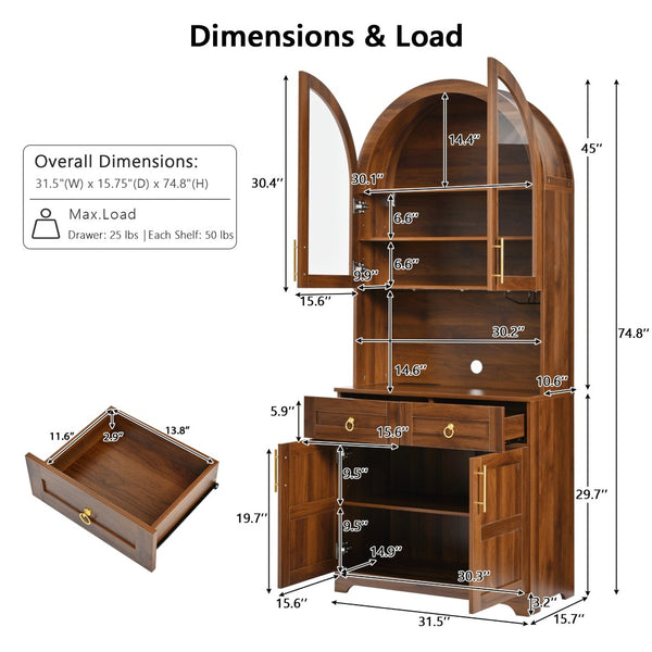 English Elm K&k Farmhouse Pantry Cabinet Tall Arched Storage Hutch with LED Lighting and Charging Walnut N707P476024Z
