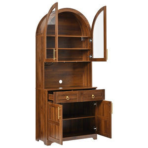 English Elm K&k Farmhouse Pantry Cabinet Tall Arched Storage Hutch with LED Lighting and Charging Walnut N707P476024Z